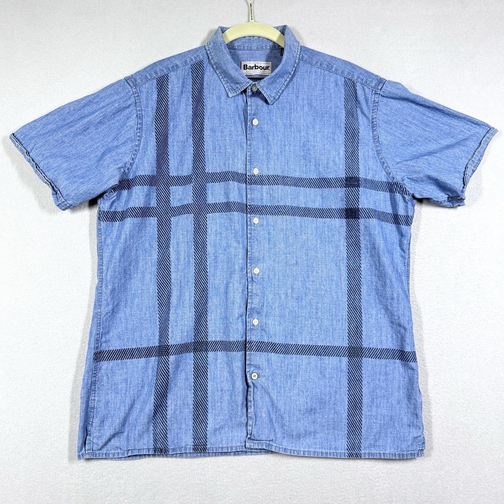 Barbour Shirt Mens Medium Shadow Tailored Plaid Short Sleeve Chambray Button Up‎